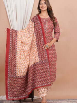 Ethnic Dress Floral Print Kurta, Trouser Valentine Red color set