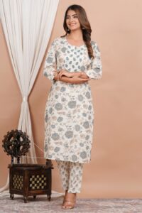 Ethnic Dress Floral Print Kurta, Trouser White rock color set
