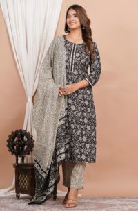 Ethnic Dress Floral Print Kurta, Trouser Black color set