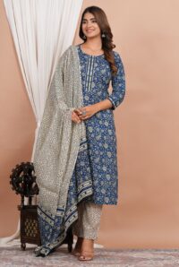 Ethnic Dress Floral Print Kurta, Trouser Dark Gray Blue color set